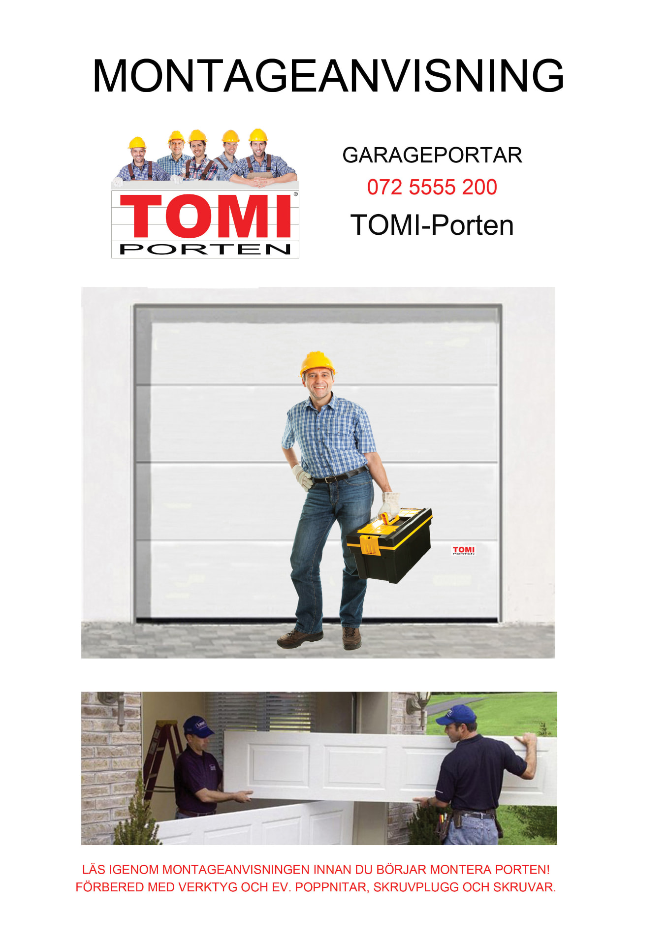 Framsida av montageanvisningen för TOMI Porten