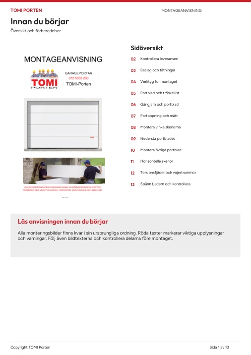 Framsida av montageanvisningen för TOMI Porten
