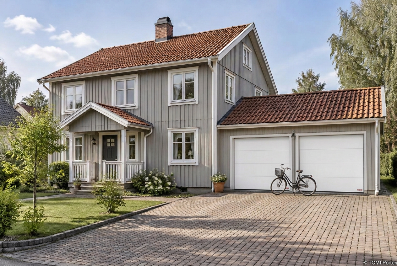 Samma villa med två nya vita TOMI-takskjutportar i RAL 9016