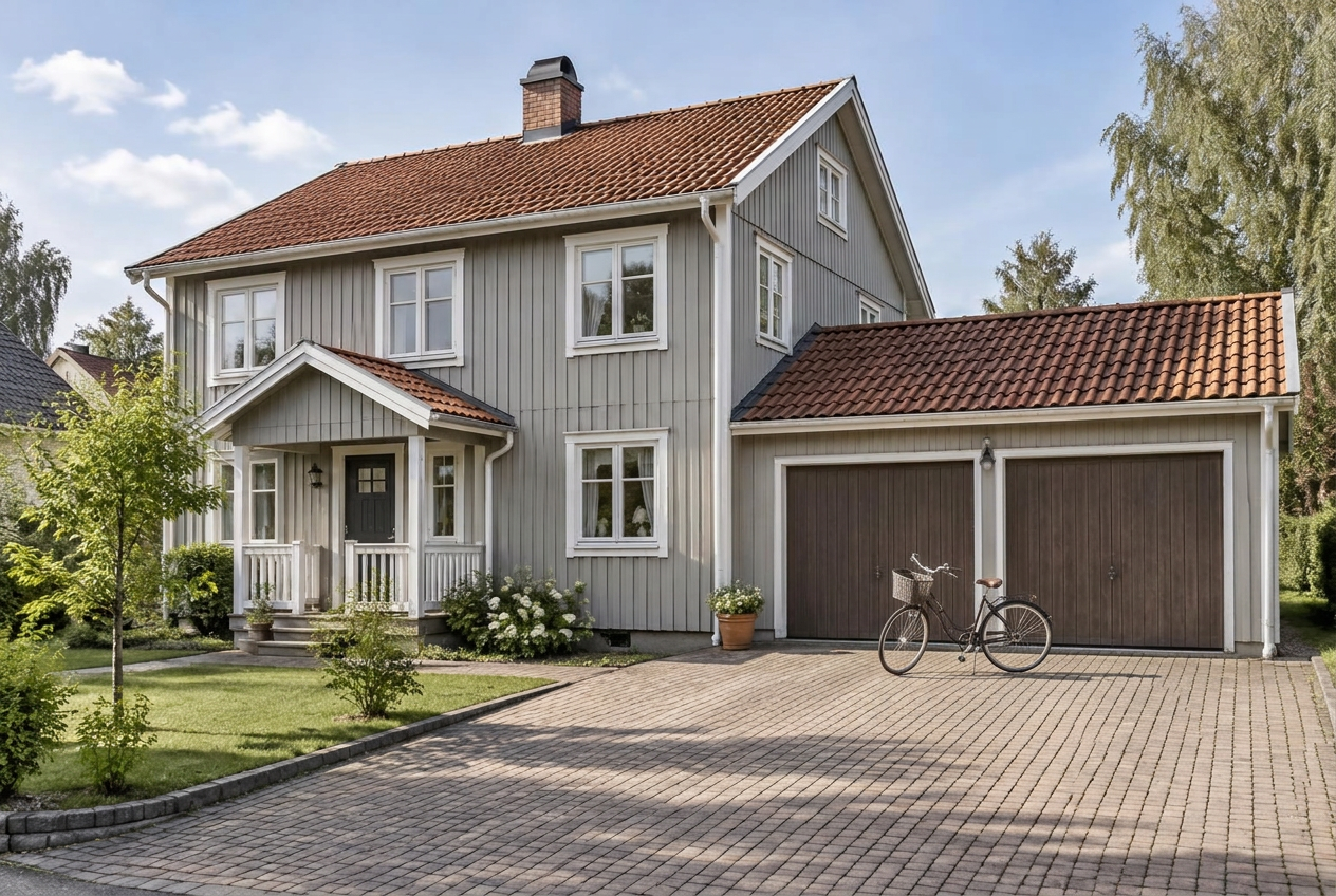 Villa med dubbelgarage och två gamla bruna garageportar